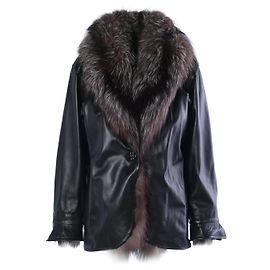 Schwarzer Leder Mantel von Yves Saint Laurent mit Besatz aus Silberfuchs-Pelz Schwarz Andere