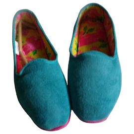 Autre Marque Fiorucci Mocassins Daim Bleus Doublure Florale Bleu