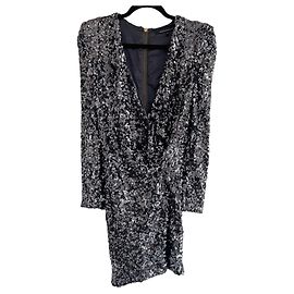 Robe mini à col en V à sequins French Connection Noir Bijouterie argentée