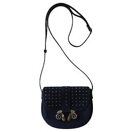 Derek Lam Studded Suede Shoulder Bag with Ram's Head Clasp Black
