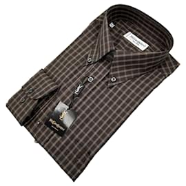 Yves Saint Laurent Chemise à carreaux vintage en coton noir et taupe pour homme Taille 16/41 Noir