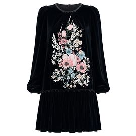N°21 Schwarzes Samtkleid mit Blumenstickerei Schwarz Mehrfarben