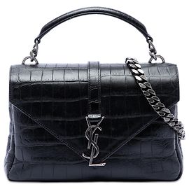 Bolsa Satchel Monogram College em couro preto com relevo de crocodilo tamanho Medium Saint Laurent Preto