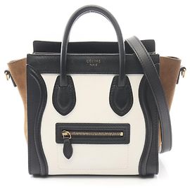 Céline Celine Luggage Nano Shopper 2-Way Handbag Black White Khaki