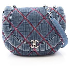 Bolsa de Ombro Chanel Matelassé Round Flap Azul marinho