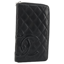 CHANEL Matelasse Cambon Line Long Wallet Leather Black Silver CC Auth 188663 Black Silvery