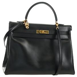 Hermès BOLSA HERMES Kelly 32 em couro Box Calf 2way Preto Ouro Auth 190133SM Preto Dourado