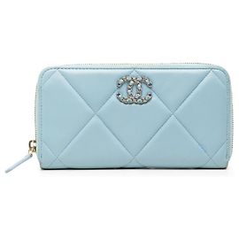 Chanel 19 Matelassé Coco Mark Long Zip Wallet Blue