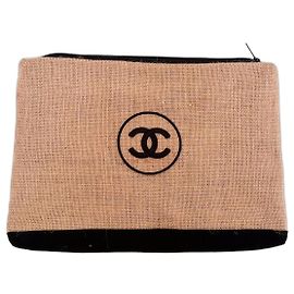 Pochette Chanel in tela di iuta beige e nera Nero Beige