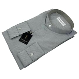 Yves Saint Laurent Chemise vintage en coton gris à col officier pour homme Taille 41/16 Gris