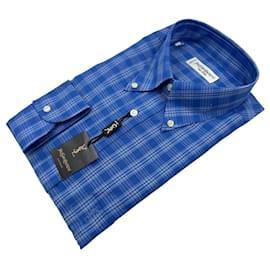 Yves Saint Laurent Chemise en coton à motif tartan bleu clair vintage Taille 41/16 Bleu