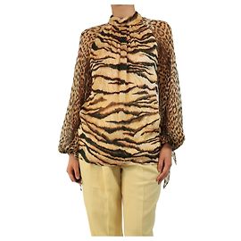 Roberto Cavalli Camicetta in seta marrone con stampa leopardata e tigre - taglia UK 6 Marrone