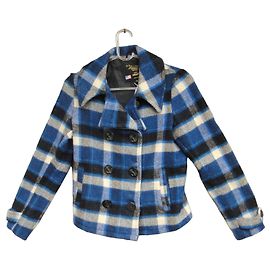 Autre Marque Fidelity by Gerald & Stewart Blue and Black Plaid Pea Coat Black Blue