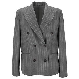 Brunello Cucinelli Pinstriped Double-Breasted Blazer in Grey Wool Grey