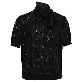 Top de algodão preto com detalhes de laço em renda e seda D&G Preto