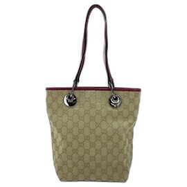 Bolsa Tote de Lona GG e Couro Gucci Bege