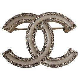 Chanel CC Logo Brosche Gold mit Kristallen Weiß Gold hardware