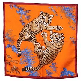 Hermès HERMES Carré 45 Schal "Les Tigreaux" Seide Orange Authentisch 190026SAM Orange