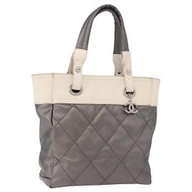 CHANEL Paris Biarritz PM Handtasche aus PVC und Canvas Grau Silber CC Authentisch 190477A Braun Silber