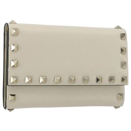 VALENTINO Rock Studs Wallet Leather Ivory Gold Auth BA14034M Golden Cream