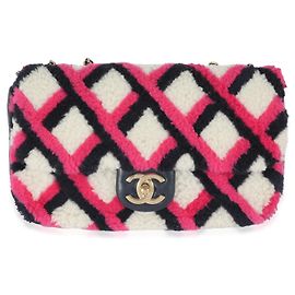 Bolsa Chanel Emoticon Single Flap em pele de cordeiro e shearling fucsia, azul marinho e branco Rosa Branco Multicor