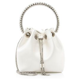 Borsa a secchiello Bon Bon in raso e cristalli Jimmy Choo Bianco