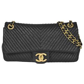 Borsa a Spalla Chanel Chevron V Stitch Coco Mark W Chain Nero