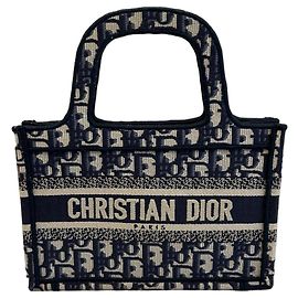 Mini sac cabas Dior Book Tote en toile jacquard Beige Bleu foncé