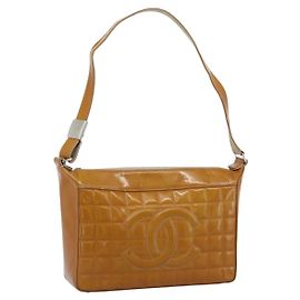 CHANEL Choco Bar Line Shoulder Bag Pelle Vernice Marrone Argento CC Auth mr2768 Marrone Argento