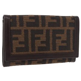FENDI Zucca Canvas Long Wallet Black Brown Auth 188660A Brown Black