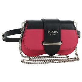 Bolsa de Ombro com Corrente PRADA Sydney em Couro 2way Preto Rosa Prata Auth 186637SAM Preto Prata Rosa
