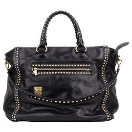 Prada 2000s Studded Leather Shopper Tote Handbag Black