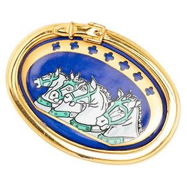 Hermès Broche Cheval en Émail Hermes Bleu Doré