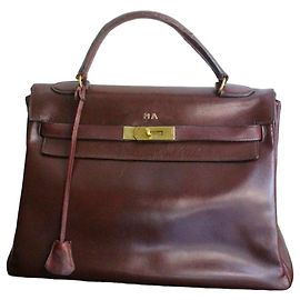 Bolsa Hermès Paris Kelly 32 em couro box bordeaux vintage Marrom