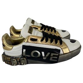 Dolce & Gabbana Tênis Portofino Crystal Stud Heart Love Branco Dourado