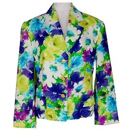 Céline Celine Leinen-Blazer mit Blumenprint Weiß Blau Mehrfarben Grün Lila Gelb