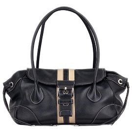 Prada 2000s Vitello Daino Stripe Shoulder Bag Black