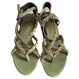 7 for all Mankind Vintage Wedge Gladiator Sandals Beige Green Khaki