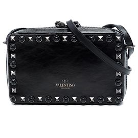 Bolsa de câmera Valentino Black Textured Leather Rolling Rockstud Preto