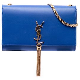 Saint Laurent Bolsa tiracolo Kate com borla em couro de vitelo liso azul, tamanho Medium Azul