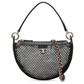Chanel Black CC Mesh and Quilted Shiny Lambskin Chain Hobo Black