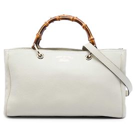 Bolsa Shopper Gucci em couro de vitelo branco Medium com alças de bambu Branco