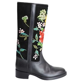 Botas de cano alto com bordados florais Etro em couro preto e camurça Preto