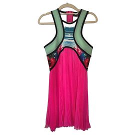 Dsquared2 Women's Pink Pleated Dress with Tropical Print Pink White Red Blue Green