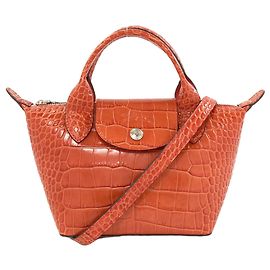 Longchamp Le Pliage Embossed Leather Handbag Brown Orange