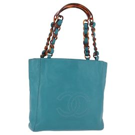 CHANEL Chain Tote Bag Schildpatt-Muster Lammleder Türkisblau CC Auth 187038A Türkis