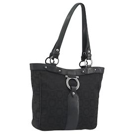 Sac cabas Salvatore Ferragamo Gancini en toile noir argent Auth BA13998 Noir Argenté