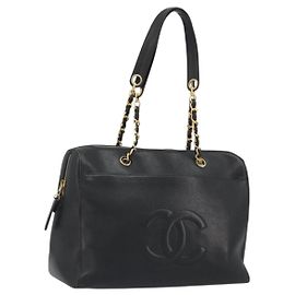 Borsa a Spalla CHANEL con Catena in Pelle Caviar Nera e Oro CC Auth 186613V Nero D'oro