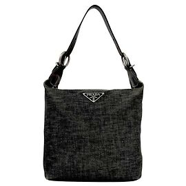 Borsa a tracolla in denim e pelle grigio e nero Prada Marrone Nero