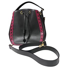 Yves Saint Laurent Diamond Cut Leather Drawstring Bag Black Dark red